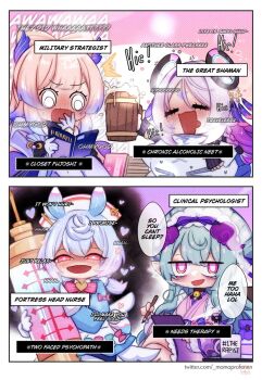 4girls aqua_hair blue_dress blue_hair blush book chibi citlali_(genshin_impact) cup dress drunk english_text genshin_impact hat heart heart-shaped_pupils highres holding holding_cup japanese_clothes kimono large_syringe long_hair maid_headdress mamaprofennn multicolored_hair multiple_girls nurse_cap open_mouth oversized_object pink_eyes pink_hair purple_kimono sangonomiya_kokomi sigewinne_(genshin_impact) symbol-shaped_pupils syringe twitter_username yumemizuki_mizuki