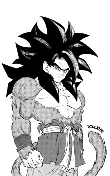 1boy artist_name bare_shoulders dragon_ball dragon_ball_gt highres long_hair looking_at_viewer male_focus monkey_boy monkey_tail muscular muscular_male no_nipples pants pectorals red_fur saiyan sash simple_background smile solo son_goku spiked_hair super_saiyan super_saiyan_4 tail white_background xelyus