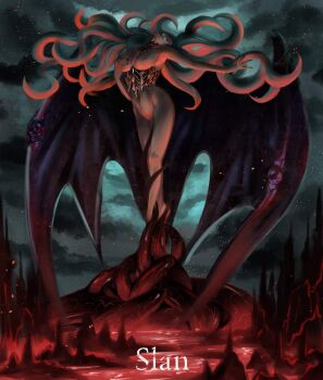 1girl berserk black_corset breasts completely_nude corset covered_erect_nipples dark demon_girl demon_wings green_hair groin highres large_breasts lava long_hair nude slan_(berserk) slit_pupils solo suduo2002 tentacle_hair tentacles very_long_hair wings yellow_eyes