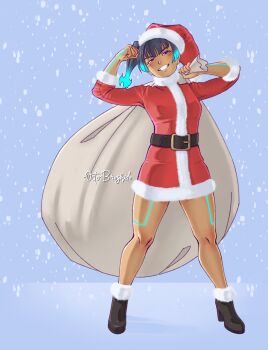 1girl bag blue_hair boots breasts dark-skinned_female dark_skin dress glowing glowing_hair hat long_sleeves looking_at_viewer octobrushido santa_costume santa_dress santa_hat sena_(xenoblade) short_dress side_ponytail snowing teeth thighs xenoblade_chronicles_(series) xenoblade_chronicles_3