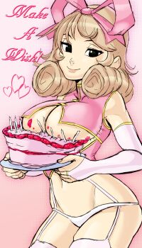 bad_tag birthday_cake birthday_candle bow breasts brown_hair cake candle cleft_of_venus food garter_straps hair_bow hair_ribbon haruka_(senran_kagura) highres large_breasts looking_at_viewer medium_hair midriff navel ninja panties ribbon senran_kagura teevo underboob underwear