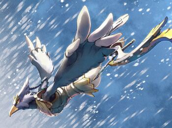 1boy armor beak bird_boy bird_wings blue_feathers braid closed_mouth eyeliner facial_mark feathers flying full_body green_eyes makeup monster_boy multiple_braids nintendo outstretched_arms profile red_eyeliner revali rito shoulder_armor solo the_legend_of_zelda the_legend_of_zelda:_breath_of_the_wild tsuyuga wings