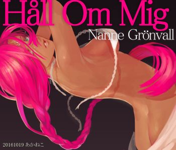 1girl akaneko_(redakanekocat) arm_up artist_name artist_name_(singer) ass back black_background blue_eyes bra braid braided_ponytail breasts butt_crack covered_erect_nipples creator_name dark-skinned_female dark_skin dated hair_over_one_eye highres long_bangs long_hair looking_at_viewer median_furrow original parted_lips pink_hair see-through_bra see-through_clothes solo song_name strap_break swedish_text underwear very_long_hair white_bra