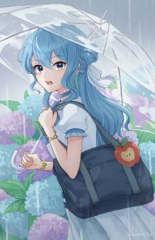 1girl absurdres bag blue_choker blue_eyes blue_flower blue_hair choker commentary_request flower hair_bun highres holding holding_umbrella hololive hoshimachi_suisei hoshimachi_suisei_(sailor) hydrangea long_hair looking_at_viewer looking_to_the_side official_alternate_costume open_mouth purple_flower rain school_bag shirt skirt solo star_(symbol) star_in_eye suzuori_fika symbol_in_eye teeth umbrella umbrella_over_shoulder upper_teeth_only virtual_youtuber white_shirt white_skirt