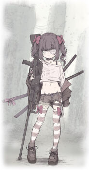 1girl arm_at_side assault_rifle black_hair black_panties blunt_bangs bow bow_legwear bow_panties brown_cardigan brown_shoes brown_shorts cardigan closed_mouth collarbone commentary_request crop_top cropped_shirt dot_nose expressionless eyepatch fallenshadow full_body gun hair_bow hair_ornament hand_up highres holding holding_gun holding_weapon indie_virtual_youtuber katana knife long_sleeves medical_eyepatch medium_hair midriff muted_color navel off-shoulder_shirt off_shoulder one_eye_covered open_clothes open_fly open_shorts panties petite pettan_(zeez4743) red_bow rifle sheath sheathed shirt shoes short_shorts shorts sleeves_past_wrists solo split_mouth standing striped_clothes striped_thighhighs sword thigh_strap thighhighs twintails underwear variant_set virtual_youtuber weapon white_shirt x_hair_ornament