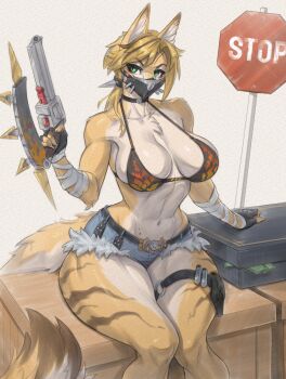 1girl animal_ear_fluff animal_ears aurancreations bandaged_arm bandages banknote belt bikini bikini_top_only black_choker blonde_hair blue_shorts body_fur breasts breasts_apart brown_fur brown_hair choker covered_mouth curvy denim denim_shorts fingerless_gloves furry furry_female gloves green_eyes gun hand_rest hand_up handgun highres holding holding_gun holding_weapon large_breasts long_hair long_tail looking_at_viewer mask mole mole_on_stomach money mouth_mask multicolored_fur multicolored_hair multiple_moles narrow_waist navel neck_fur pouch pulchra_fellini revolver road_sign shorts sign sitting skindentation solo spikes stomach stop_sign swimsuit tail thigh_pouch thigh_strap toned toned_female two-tone_hair weapon white_fur wide_hips yellow_fur zenless_zone_zero