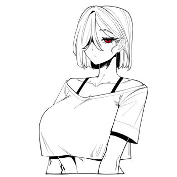 1girl 7a_(se7ena) bare_shoulders bra_strap breasts closed_mouth collarbone commentary_request cropped_shirt cropped_torso expressionless greyscale hair_over_one_eye korean_commentary large_breasts looking_at_viewer midriff mole mole_under_eye monochrome one_eye_covered original parted_bangs red_eyes shirt short_hair short_sleeves simple_background solo spot_color unfinished white_background