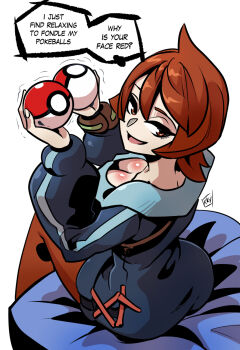 1girl alternate_breast_size_(larger) arezu_(pokemon) blue_dress breasts brown_eyes brown_hair brown_pantyhose cleavage commentary_request downblouse dress english_text hashtag-only_commentary highres holding holding_poke_ball kukuruyo large_breasts looking_at_viewer nintendo open_mouth pantyhose poke_ball poke_ball_(basic) pokemon pokemon_legends:_arceus sexually_suggestive short_dress short_hair signature sitting smile solo