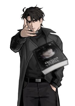 1boy black_coat black_eyes black_hair black_shirt coat commentary cowboy_shot curtained_hair english_commentary hair_between_eyes hand_in_pocket highres keomikan looking_at_viewer meme official_art_inset omniscient_reader&#039;s_viewpoint open_clothes open_coat outstretched_arm parody popped_collar shirt short_hair sidelighting throwing woe_plague_be_upon_ye_(meme) yoo_joonghyuk