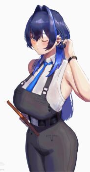 Rule 34 | 1girl, absurdres, belt, blue eyes, blue hair, blue nails, blue necktie, collared shirt, commentary, ear piercing, english commentary, erasorpepero, fingernails, hair between eyes, hair intakes, highres, hololive, hololive english, long hair, looking at viewer, necktie, office lady, one eye closed, ouro kronii, overalls, piercing, shirt, sleeveless, solo, sweat, virtual youtuber, watch, wristwatch