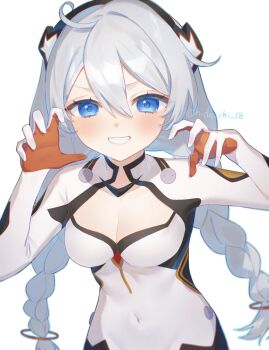 Rule 34 | 1girl, ahoge, birthday, blue eyes, bodysuit, braid, breasts, claw pose, cleavage, cleavage cutout, clothing cutout, commentary request, covered navel, hair between eyes, hidzuchi 18, highres, honkai (series), honkai impact 3rd, kiana kaslana, kiana kaslana (white comet), signature, smile, solo, twin braids, white bodysuit