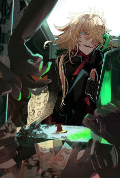 1boy 5others absurdres ascot banknote black_coat black_gloves blonde_hair blue_eyes coat coin gloves hair_over_one_eye hair_over_shoulder hand_up highres holding holding_money holding_phone ichimonji_norimune long_hair long_sleeves money multiple_others night open_mouth partially_fingerless_gloves payphone phone phone_booth red_ascot smile talking_on_phone tandem touken_ranbu yen