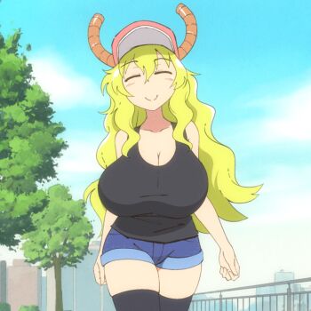 1girl animated animated_gif baseball_cap blonde_hair blue_sky blush bouncing bouncing_breasts breasts cleavage curvy denim denim_shorts dragon_girl closed_eyes fence flou_(flou_art) hat huge_breasts kobayashi-san_chi_no_maidragon large_breasts long_hair lucoa_(maidragon) outdoors shorts sky smile solo tank_top thick_thighs thighhighs thighs tree upper_body walking