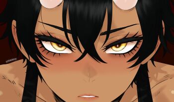 1girl absurdres black_hair blush close-up dark_skin eye_focus eyelashes hair_between_eyes highres kiryuu_(ntenebrae) looking_at_viewer ntenebrae original self-upload short_hair simple_background solo yellow_eyes