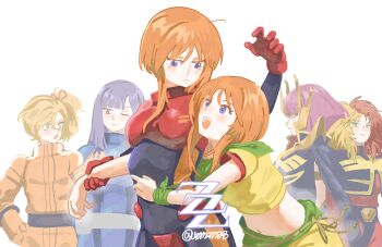 6+girls blonde_hair blue_bodysuit blue_eyes bodysuit breasts cape chara_soon clone elle_vianno elpeo_puru frown gloves green_eyes gundam gundam_zz haman_karn hand_on_another&#039;s_wrist highres hug hug_from_behind mecha_pilot_suit midriff military_uniform multicolored_hair multiple_girls neo_zeon normal_suit_(gundam) open_mouth orange_hair pink_hair purple_eyes purple_hair puru_two red_gloves red_hair roux_louka science_fiction short_hair small_breasts spacesuit split-color_hair two-tone_hair ummsm_88