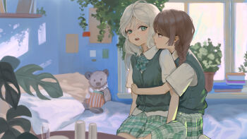 2girls absurdres blue_bow blue_bowtie blush bow bowtie braid brown_eyes brown_hair closed_mouth collared_shirt commentary_request day green_eyes green_skirt green_sweater_vest head_on_another&#039;s_shoulder highres hug indoors kouroul long_hair multiple_girls on_bed open_mouth original plaid_clothes plaid_skirt plant pleated_skirt potted_plant school_uniform shirt skirt stuffed_animal stuffed_toy sweater_vest teddy_bear twin_braids white_hair white_shirt window yuri