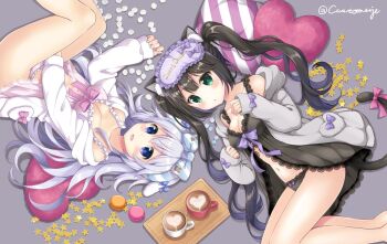 2girls :d animal_ears babydoll between_legs black_babydoll black_hair black_panties blue_bow blue_eyes blush bow breasts cat_ears cat_tail circle_name cleavage clenched_hand clothes_writing coffee collarbone commentary_request cup dog_ears ear_ribbon english_text food frilled_hairband frills green_eyes grey_background grey_hair grey_jacket hairband half_updo hand_between_legs heart heart-shaped_pillow hood hood_down hooded_jacket jacket lace_trim latte_art long_hair long_sleeves looking_at_viewer lying macaron medium_breasts multiple_girls navel on_side open_mouth original panties pillow pink_babydoll pink_bow pink_panties purple_bow purple_hairband sakurai_makoto_(custom_size) sidelocks sleeves_past_wrists smile star_(symbol) striped_clothes striped_hairband sugar_cube tail tail_bow tail_ornament teacup tray twintails underwear white_jacket