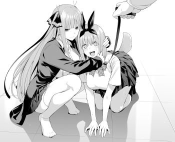 2girls animal_ears blush chicke_iii closed_mouth collarbone commentary dog_ears dog_girl dog_tail go-toubun_no_hanayome greyscale hair_ribbon hairband highres kneeling leash long_hair looking_at_viewer monochrome multiple_girls nakano_nino nakano_yotsuba open_mouth ribbon school_uniform siblings sisters skirt smile squatting symbol-only_commentary tail thighhighs