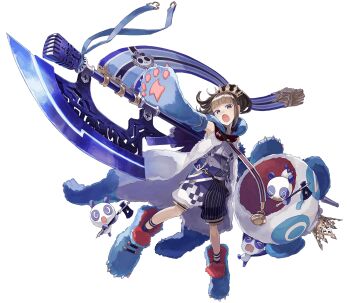 1girl :o animal_hands axe battle_axe blue_eyes blunt_bangs brown_hair crown dempagumi fujisaki_ayane full_body gloves highres holding holding_axe holding_polearm holding_weapon hood hood_down looking_at_viewer microphone official_alternate_costume official_art open_mouth overalls paw_gloves phantom_of_the_kill polearm simple_background solo standing standing_on_one_leg tachi-e third-party_source transparent_background watarubou weapon