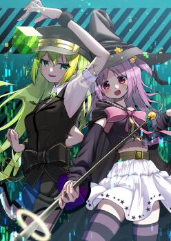 2girls abstract_background alina_gray black_vest durchfallkaffee_levante green_eyes green_hair hat highres holding holding_staff magia_record:_mahou_shoujo_madoka_magica_gaiden magical_girl mahou_shoujo_madoka_magica misono_karin multiple_girls open_mouth peaked_cap pink_hair pleated_skirt red_eyes rubik&#039;s_cube shirt skirt staff vest white_shirt witch_hat