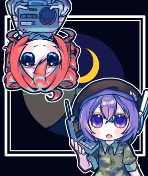 2girls absurdres ahoge beret black_hat blue_eyes blush camouflage camouflage_shirt cellphone commentary_request crossed_bangs drill_hair flip_phone green_shirt hat highres holding holding_phone holding_radio kasane_teto looking_at_viewer melanin_shikiso mikazuki_highway_car_(utau) multiple_girls open_mouth orange_hair phone purple_eyes purple_hair radio robot_ears rotational_symmetry shirt short_hair twin_drills upper_body upside-down utane_uta utau