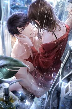 Rule 34 | 1boy, 1girl, bare shoulders, bathroom, black hair, bottle, brown hair, couple, hand on another's face, hetero, highres, indoors, li zeyan, long hair, long sleeves, looking at another, love and producer, mixed-sex bathing, non-web source, off shoulder, official art, parted lips, plant, protagonist (love and producer), purple eyes, rain, red shirt, shared bathing, shirt, short hair, shower (place), shower head, showering, soap bottle, tiles, topless male, underwear, water, water drop, wet, wet clothes, wet hair, window
