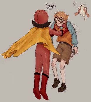 1boy 1girl :3 aqua_shirt arrow_(symbol) artist_name becky_botsford belt belt_buckle blonde_hair blush bodysuit boots bow bowtie brown_belt brown_hair brown_shoes brown_shorts buckle cape cat child closed_mouth commentary controller english_commentary english_text flying from_behind full_body glasses gloves grey_background helmet highres holding holding_remote_control knee_boots kneehighs lifting_person long_hair long_sleeves looking_at_another orange_sweater_vest red_bodysuit red_boots red_bow red_bowtie red_gloves red_helmet remote_control rosecolouredpigment shirt shoes short_hair shorts signature simple_background sketch smile socks speech_bubble superhero_costume sweat sweater_vest talking tobey_mccallister_iii wordgirl_(character) wordgirl_(series) yellow_cape