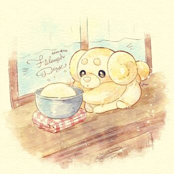 animal_focus black_eyes bread closed_mouth dated dog dot_mouth dough fidough food food-themed_creature food_as_ears full_body highres indoors looking_at_object lying miketoevecan nintendo no_humans on_stomach pokemon pokemon_(creature) pokemon_focus simple_background solo two-tone_fur window yellow_background yellow_fur