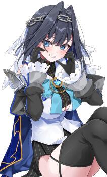 1girl absurdres black_gloves black_hair black_shirt black_skirt black_thighhighs blue_bow blue_bowtie blue_cape blue_cloak blue_eyes blue_hair bow bowtie breasts brooch cape chain chain_headband cleavage_cutout cloak clothing_cutout commentary cropped_shirt detached_sleeves fanged_bangs frilled_sleeves frills gloves grey_sleeves grin hair_intakes half-skirt hands_up heart heart_brooch highres hololive hololive_english jewelry juliet_sleeves knees_up large_breasts long_sleeves looking_at_viewer miniskirt mogu_(au1127) ouro_kronii ouro_kronii_(1st_costume) pinstripe_pattern pinstripe_shirt pinstripe_skirt puffy_sleeves ribbon sailor_collar shirt short_hair simple_background sitting skirt smile solo symbol-only_commentary thighhighs veil vest virtual_youtuber white_background white_sailor_collar white_shirt white_veil white_vest