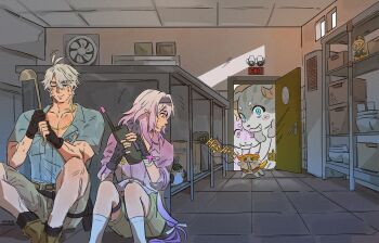 1boy 1girl absurdres alternate_costume antenna_hair black_gloves black_hairband black_socks blue_shirt boots box brown_boots brown_shorts c4l1k0c4t cardboard_box castorice_(honkai:_star_rail) chimera_(honkai:_star_rail) closed_eyes closed_mouth collared_shirt commentary exit_sign feet_out_of_frame fingerless_gloves gloves hairband hiding highres holding holding_ladle holding_walkie-talkie honkai:_star_rail honkai_(series) indoors jurassic_park ladle long_hair low-tied_long_hair low_twintails mydei_(fig_stew)_(honkai:_star_rail) mydei_(honkai:_star_rail) neck_tattoo nervous_sweating on_floor open_door parody phainon_(honkai:_star_rail) pink_shirt pointy_ears purple_eyes purple_hair scene_reference shelf shirt short_hair short_sleeves shorts sitting socks sun_symbol sun_tattoo sweat symbol-only_commentary tan tattoo tile_floor tiles trailblazer_(honkai:_star_rail) trailblazer_(trailbirder)_(honkai:_star_rail) trailblazer_(trash_cake)_(honkai:_star_rail) twintails very_long_hair walkie-talkie white_hair white_socks