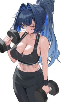 1girl absurdres alternate_costume black_pants blue_eyes blue_hair breasts cleavage colored_inner_hair commentary dumbbell english_commentary exercising hair_intakes hand_up high-waist_pants highres holding holding_dumbbell hololive hololive_english large_breasts long_hair looking_at_viewer midriff multicolored_hair navel one_eye_closed ouro_kronii panties pants panty_peek ponytail simple_background solo sports_bra sweat sweatband underwear virtual_youtuber white_background yulmu98999