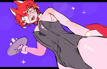 1boy :3 :d alternate_costume animal_ears bandage_over_one_eye bow bowtie covered_navel detached_collar fangs florian_brand florian_brand_(proposal) fox_boy fox_ears highres holding holding_tray identity_v letterboxed looking_at_viewer male_focus male_playboy_bunny open_mouth outside_border purple_background red_bow red_bowtie red_hair smile solo symbol-shaped_pupils tray upper_body wedamame yellow_eyes