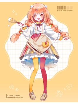 1girl apron asymmetrical_legwear barcode blush braid brown_apron brown_shoes brown_skirt center_frills character_name collared_dress dress egg_hair_ornament food-themed_hair_ornament fork_hair_ornament frilled_dress frills full_body grid_background hair_ornament hairclip hand_up highres holding holding_whisk kirara_tamako kirara_tamako_(1st_costume) layered_sleeves loafers long_hair long_sleeves looking_at_viewer low_twin_braids mismatched_legwear neck_ribbon nijisanji object_in_pocket open_mouth orange_eyes orange_hair pantyhose pocket red_pantyhose red_ribbon ribbon shoes skirt smile solo standing striped_clothes striped_skirt tomoriulu twin_braids two-tone_pantyhose vertical-striped_clothes vertical-striped_skirt virtual_youtuber whisk white_dress yellow_background yellow_pantyhose