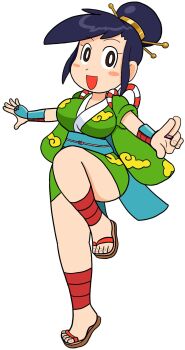 1girl arm_guards ayame_(power_stone) bandages blush breasts capcom curvy happy highres japanese_clothes kimono large_breasts looking_at_viewer ninja power_stone sandals