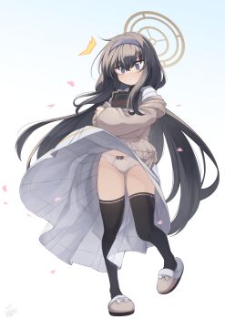 1girl @_@ ^^^ black_bow black_hair black_thighhighs blue_archive blue_eyes blue_hairband blush book bow bow_panties brown_cardigan brown_halo brown_slippers cardigan closed_mouth clothes_lift crossed_bangs falling_petals floating_hair footwear_bow full_body hair_between_eyes hairband halo highres hugging_object long_hair long_skirt long_sleeves looking_at_viewer low_twintails natsuki_teru panties petals pleated_skirt puffy_long_sleeves puffy_sleeves shirt sidelocks signature simple_background skirt skirt_lift sleeves_past_wrists slippers solo standing standing_on_one_leg surprised sweat thighhighs thighs twintails ui_(blue_archive) underwear v-shaped_eyebrows very_long_hair white_background white_panties white_shirt white_skirt wind wind_lift
