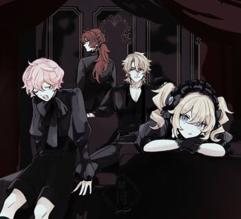 1girl 3boys :d barbara_(genshin_impact) black_gloves blonde_hair blue_eyes closed_eyes dahlia_(genshin_impact) diluc_(genshin_impact) genshin_impact gloves head_on_hands long_sleeves looking_at_another looking_at_viewer multiple_boys nendo_(n) open_mouth pink_hair ponytail red_hair short_sleeves short_twintails shorts smile smug twintails varka_(genshin_impact)