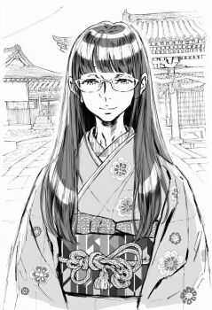 1girl aquaberrymarine black_hair blunt_bangs commentary_request floral_print floral_print_kimono glasses highres japanese_clothes kimono long_hair looking_at_viewer monochrome nose original print_kimono smile straight-on temple
