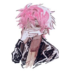 Rule 34 | 1boy, atou haruki, black jacket, brown sweater, chinese commentary, commentary request, hand on own face, hand over eye, jacket, male focus, open clothes, open jacket, pink hair, portrait, red eyes, saibou shinkyoku, short hair, simple background, sketch, solo, sweater, transparent background, turtleneck, turtleneck sweater, xiaomaoyaoren