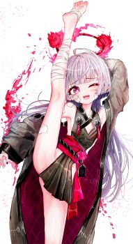 1girl ;d a1u absurdres bandaged_leg bandages bell black_kimono blue_archive breasts commentary gauze gauze_on_cheek grey_hair halo highres japanese_clothes jingle_bell kimono leg_up long_hair md5_mismatch one_eye_closed open_mouth pink_eyes pointy_ears red_halo revision shuro_(blue_archive) sideless_outfit simple_background small_breasts smile solo split standing standing_on_one_leg standing_split teeth upper_teeth_only white_background