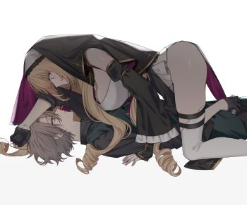 1boy 1girl absurdres all_fours arm_up bare_shoulders black_gloves black_pants black_shirt black_sleeves black_veil blonde_hair blue_eyes blunt_bangs breasts closed_mouth collared_shirt commentary_request cross cross_print detached_sleeves drill_hair drill_sidelocks expressionless eye_contact face-to-face feet_out_of_frame fingernails frilled_sleeves frills from_side girl_on_top gloves green_eyes green_vest grey_hair half_gloves hand_on_own_head hat hetero highres holding holding_removed_eyewear jitome large_breasts long_hair long_sleeves looking_at_another lying nun on_back original pants profile shirt short_hair sidelocks simple_background smile thighhighs three-quarter_sleeves unworn_eyewear veil very_long_hair vest white_background white_thighhighs yosio_ex