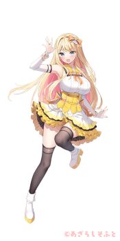 1girl amaemi-longing_for_you- armpits bare_shoulders black_thighhighs blonde_hair blue_eyes blush bow bowtie bracelet breasts bridal_gauntlets corset frilled_skirt frills full_body gold_bracelet hair_bow hand_up jewelry kusunoki_iroha large_breasts long_hair looking_at_viewer multicolored_skirt nail_polish official_art open_mouth orange_bow orange_bowtie oryo_(oryo04) shirt shoes simple_background skirt sleeveless sleeveless_shirt smile solo tachi-e thighhighs two-tone_skirt white_background white_bridal_gauntlets white_shirt white_shoes white_skirt yellow_collar yellow_corset yellow_nails yellow_skirt zettai_ryouiki