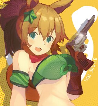 1girl animal_ears armband bandana bandeau bare_shoulders blue_eyes blush breasts brown_gloves brown_hair character_name colt_single_action_army commentary cowboy_hat gloves green_armband green_bandeau gun hair_ornament handgun hat hat_on_back highres holding holding_gun holding_weapon horse_ears horse_girl large_breasts long_hair looking_at_viewer midriff open_mouth ponytail red_bandana revolver smile solo star_(symbol) star_hair_ornament taiki_shuttle_(umamusume) taiki_shuttle_(wild_frontier)_(umamusume) teeth umamusume upper_body upper_teeth_only weapon yakitori_(yak1t0ri)