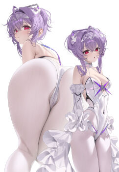 1girl :o absurdres ahoge ass bare_shoulders breasts commentary_request covered_navel goddess_of_victory:_nikke hair_intakes highres leotard liberalio_(nikke) looking_at_viewer medium_breasts multiple_views pantyhose purple_eyes purple_hair ruhee short_hair simple_background white_background white_leotard white_pantyhose
