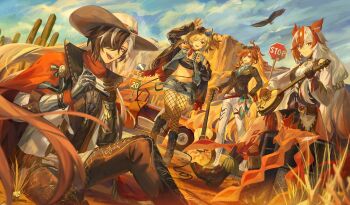 Rule 34 | 1boy, 3girls, absurdres, bird, black gloves, black hair, black pants, black tube top, black vest, blonde hair, blue sky, boothill (honkai: star rail), burnice white, cactus, car, commentary, company connection, cowboy hat, denim, denim jacket, denim shorts, eagle, english commentary, eyewear on head, fishnet pantyhose, fishnets, fu hua, fu hua (garuda), genshin impact, gloves, guitar, harmonica, hat, highres, holding, holding guitar, holding instrument, honkai: star rail, honkai (series), honkai impact 3rd, instrument, jacket, long hair, mavuika (genshin impact), midriff, mihoyo, motor vehicle, mountain, multicolored hair, multiple girls, navel, open mouth, orange hair, pants, pantyhose, red eyes, red hair, red scarf, road sign, scarf, short hair, shorts, sign, sitting, sky, stop sign, strapless, tube top, twintails, two-tone hair, very long hair, vest, white hair, white jacket, white pants, yaoyaobae, zenless zone zero