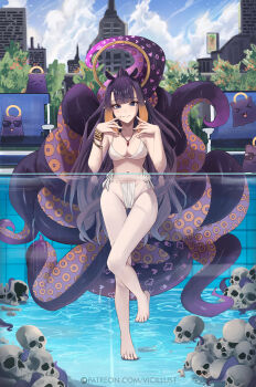 >_< 1girl :3 =_= absurdres bangle bare_legs barefoot bikini bone bracelet breasts building chair closed_eyes closed_mouth cloud cloudy_sky day fang feet gluteal_fold gradient_hair halo halterneck highleg highleg_bikini highres hololive hololive_english jewelry light_blush long_hair looking_at_viewer lounge_chair medium_breasts mole mole_under_eye multicolored_hair necklace ninomae_ina'nis open_mouth orange_hair outdoors partially_submerged patreon_logo patreon_username pointy_ears pool purple_eyes purple_hair side-tie_bikini_bottom sidelocks skull sky smile solo split_mouth standing standing_on_one_leg sunglasses swimsuit takodachi_(ninomae_ina'nis) tentacle_hair tentacles thigh_gap toes traditional_halo very_long_hair vicarious virtual_youtuber water watermark web_address white_bikini yellow_halo