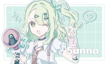 1girl arm_warmers bandaid bandaid_hair_ornament black_choker character_name checkered_background choker commentary_request frilled_sleeves frills green_background green_eyes green_hair hair_ornament hand_up heart heart_hair_ornament holding holding_megaphone looking_at_viewer lvl_31 megaphone multiple_hair_clips necktie one_eye_closed open_clothes open_mouth pink_arm_warmers pink_bag ponytail red_necktie shirt solo sparkle spoken_heart striped_arm_warmers sunna_(zenless_zone_zero) upper_body w white_shirt zenless_zone_zero