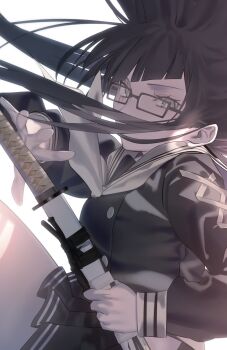 1girl battoujutsu_stance black_serafuku black_shirt cross-laced_clothes cross-laced_sleeves fate/grand_order fate_(series) fighting_stance glasses grey_eyes katana kurohime_(fate) long_hair long_sleeves looking_at_viewer mashima_saki_(mashimasa) neckerchief official_artist_extra ready_to_draw rectangular_eyewear sailor_collar scar scar_across_eye scar_on_face school_uniform serafuku shirt solo sword weapon white_neckerchief white_sailor_collar