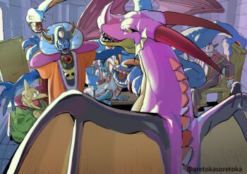 Rule 34 | 1other, 6+boys, aretokasoretoka, baramos, black sclera, blue scales, blue skin, chair, cheek-to-cheek, claws, colored sclera, colored skin, commentary, demon boy, dragon, dragon lord, dragon quest, dragon quest i, dragon quest ii, dragon quest iii, dragon quest xi, facial hair, fake horns, fins, hargon, head fins, heads together, helmet, highres, holding, holding staff, horned helmet, horns, in-franchise crossover, jewelry, looking at another, looking to the side, male focus, mohawk, monster, monster boy, multiple boys, necklace, open mouth, pink scales, pointy ears, red eyes, sharp teeth, sidoh, sitting, skull necklace, smile, snake tail, staff, sweatdrop, untranslatable commentary, tail, teeth, third eye, tockle (dq11), twitter username, urnoga, wings, yellow eyes, yellow sclera, zoma