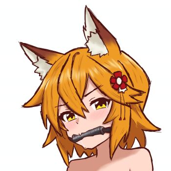 1girl 2025 absurdres animal_ear_fluff animal_ears bare_shoulders bdsm belt blonde_hair blush bondage bound fang flower fox_ears fox_girl fox_tail gag gagged hair_between_eyes hair_flower hair_ornament highres k1nky kitsune looking_at_viewer restrained senko_(sewayaki_kitsune_no_senko-san) sewayaki_kitsune_no_senko-san short_hair smile solo strap tail white_background yellow_eyes