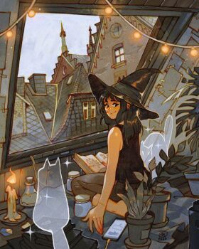 1girl artist_logo bandaid bandaid_on_cheek bandaid_on_face barefoot black_hair black_hat black_shirt blanket blue_sky book book_stack building cable candle capri_pants cat cellphone cityscape closed_mouth commentary cork dated dormer earrings english_commentary facing_away full_body ghost grey_pants grey_ribbon hand_on_book hat highres hinge indoors jar jewelry light_smile logo looking_at_viewer looking_back medium_hair open_book original pants phone plaid_blanket plant potion potted_plant rooftop round_window shirt simz sky sleeveless sleeveless_shirt smartphone solo sparkle string_of_light_bulbs tile_roof window witch_hat wooden_floor